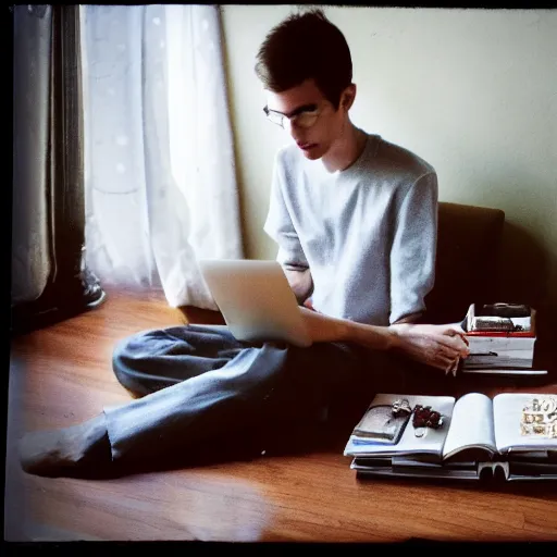 Image similar to a skinny computer nerd guy sitting on the floor of his room, crossed legs, laptop, smartphone, video games, tv, books, potions, jars, shelves, knick knacks, tranquil, calm, sparkles in the air, magic aesthetic, faded effect, photograph, kodak film, realism