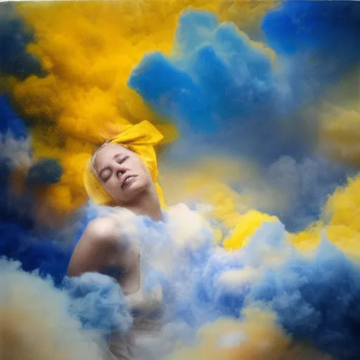 Prompt: crying girl, covered in yellow and blue clouds, by kim keever