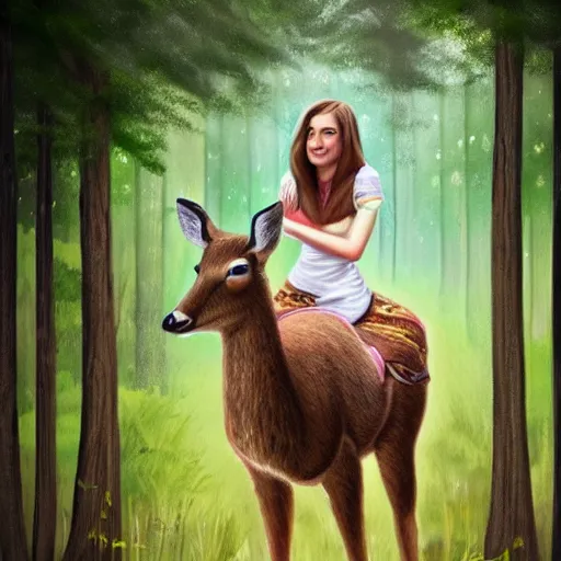 Image similar to girl riding a deer in the forest trending on art station