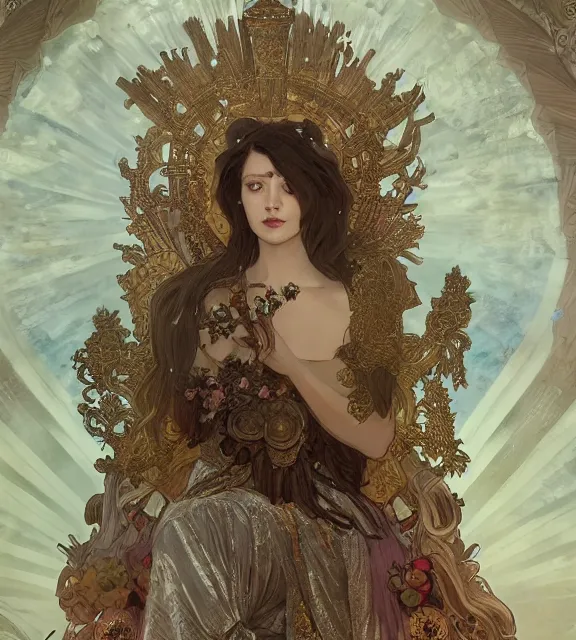 Image similar to god of death and rebirth, elegant dress, very detailed, sat on a throne, very intricate details, elaborate long hairstyle, cinematic, artstation, alphonse mucha, greg rutkowski, rossdraws, octane render