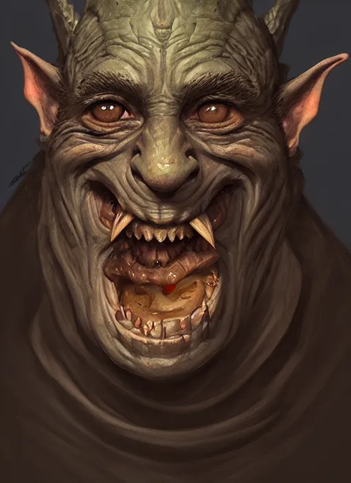 Image similar to profile face portrait of a medieval goblin eating cakes in the cloisters, beautiful face, hyper realistic, highly detailed, digital painting, artstation, illustration, concept art by hyung tae and frank frazetta, digital paint, matte paint, washed colors, dark, gloomy