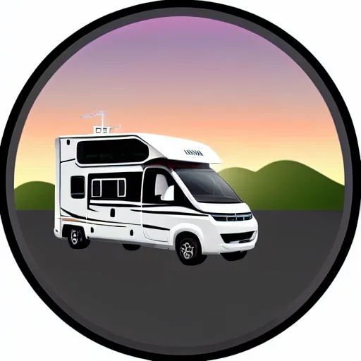 Image similar to very very very stylized minimal vector graphic of a thor chateau motorhome, hills and sunset!!, white background, all enclosed in a circle, dramatic, professional minimal graphic design cartoon