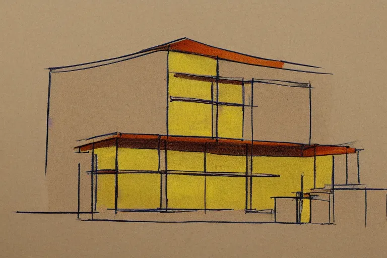 Prompt: an architectural sketch on a textured brown paper, windows bright with orange and yellow color