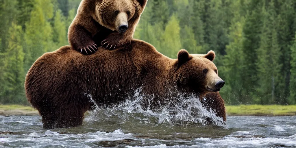 Prompt: a photo of bob ross riding on the back of a brown bear in alaska, outdoor, hyperrealistic, shutterstock contest winner, national geographic photo, stockphoto, majestic