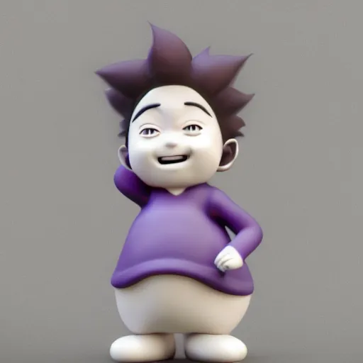 Prompt: purple clay character, laughing, studio ghibli looking at the camera, cute anime style, octane render