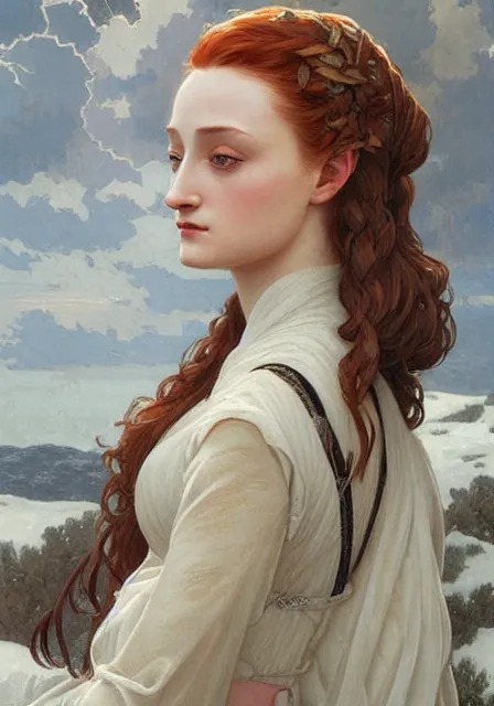 Prompt: sansa stark on sanset, intricate, elegant, highly detailed, digital painting, artstation, concept art, smooth, sharp focus, illustration, art by artgerm and greg rutkowski and alphonse mucha and william - adolphe bouguereau