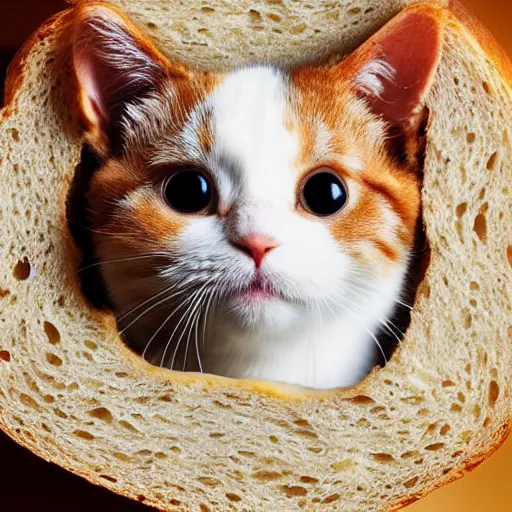 Image similar to a cute cat sticking its face through a slice of bread