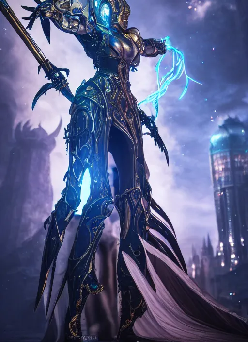 Image similar to photo of a sorceress near mage tower, warframe armor, cyborg, magical dress, fantasy, interesting angle, sharp focus, 8 k high definition, insanely detailed, intricate, intelligent, art by kazuya takahashi, fenghua zhong, sangsoo jeong, kevin hou