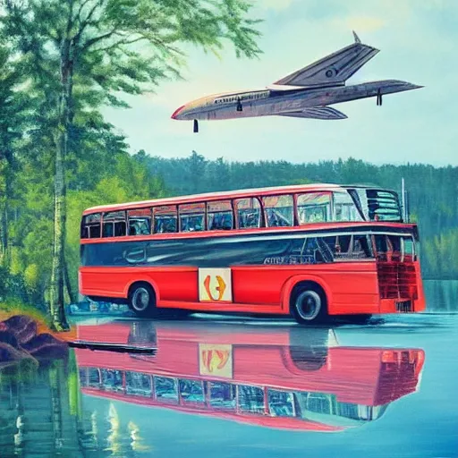 Image similar to a [ 5 0 s bus has airplane wings ] as it floats above a forest and lake, [ oil painting ]!!, trending on cgsociety, 4 k