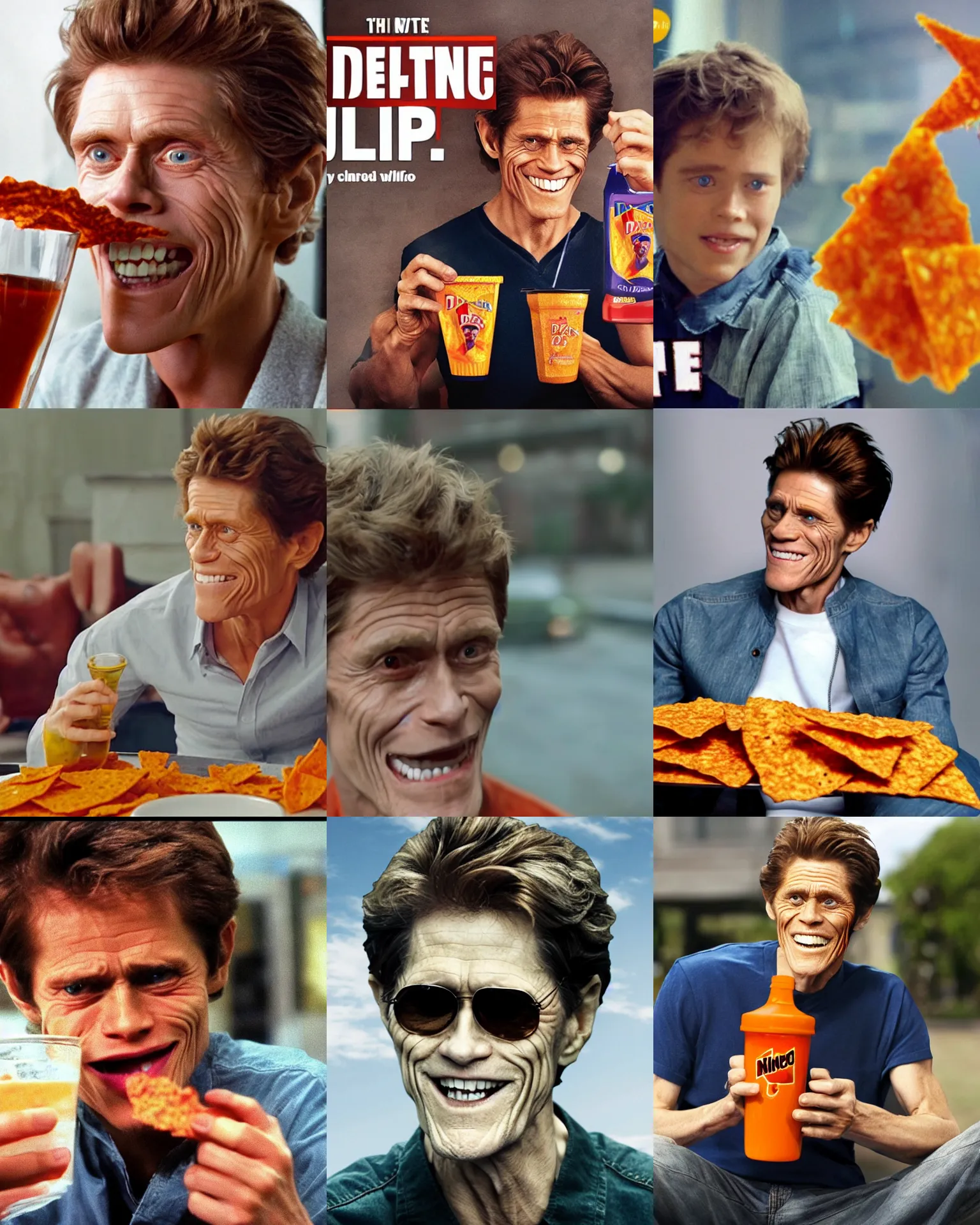 Prompt: young willem dafoe happily drinking dorito juice, 2 0 1 2 viral product advertisement hd, commercial banner, english text