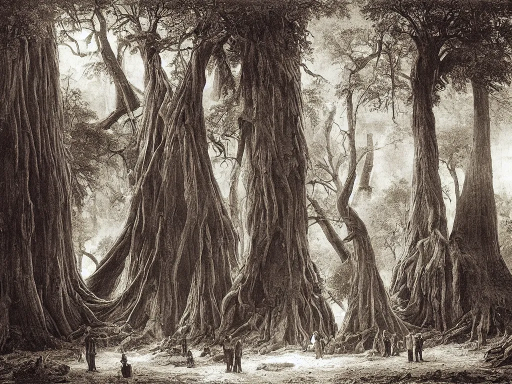 Prompt: People from the tribes stuck in the mud near a giant fallen sequoia tree. Painting by Caspar David Friedrich, Sebastiao Salgado