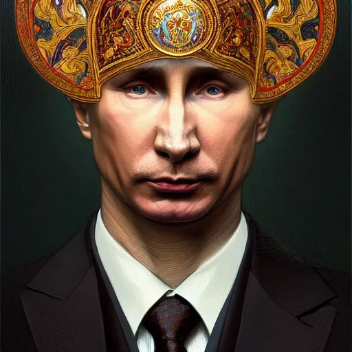 Image similar to a portrait of ( male ) putin, upper half portrait, decorated with russian motifs, traditional russia, intricate, elegant, highly detailed, symmetry, headpiece, digital painting, artstation concept art smooth sharp focus, illustration, art by artgerm and greg rutkowski alphonse mucha 8 k