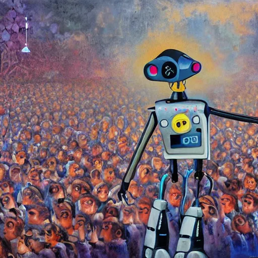 Prompt: A painting robot that creates images is tired and starts to sleep. He holds brushes in each hand. Around him a crowd of people grows impatient that he wakes up to create images again