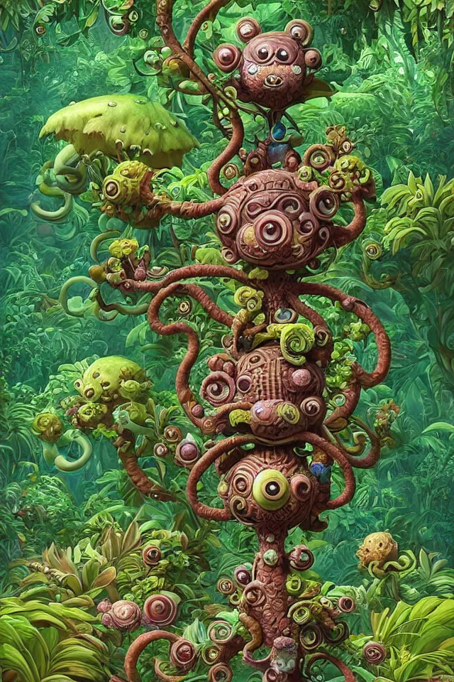 Image similar to an intricate cute monster, taking a walk, lush jungle, by kokaris, naoto hattori, moebius and android jones