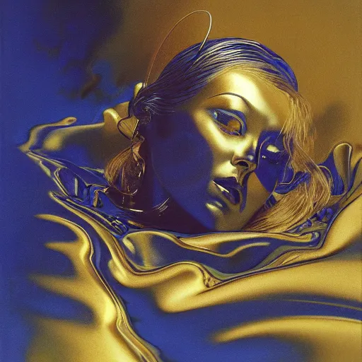 Prompt: a chrome woman's face in flowing sheets of cobalt blue gold chrome silver satin foil, by moebius syd mead roger dean wojciech siudmak donato giancola yoshitaka amano ivan aivazovsky jan de heem pieter claesz paul delaroche alma tadema aelbert cuyp, hyperrealistic volumetric light render