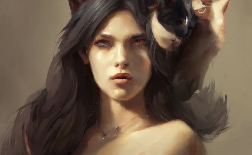 Image similar to a painting of swervy trending on artstation in the style of greg rutkowski, beautiful, sensual, woman with cat ears, portrait