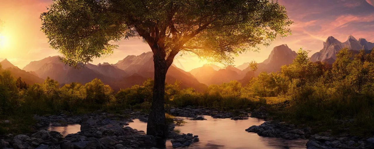 Image similar to big realistic tree near to a river on sunset with reflection on the leaves and mountains in the background, landscape, extremely high fidelity, 8 k, super resolution, cinematic view, super resolution, light rays, lens flare, epic, hyperdetailed