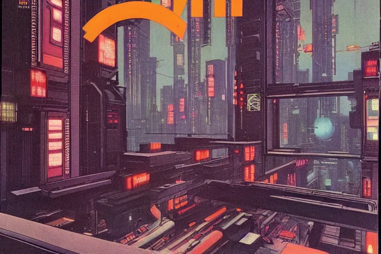 Image similar to 1979 OMNI Magazine Cover of an ornate oriental office with a window to neo-Tokyo streets in cyberpunk style by Vincent Di Fate