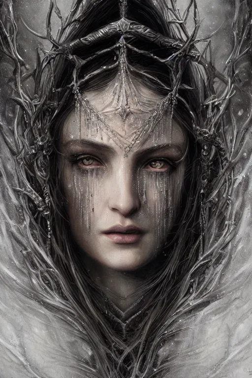 Image similar to realistic portrait of beautifully crystalized and detailed portrait of a elvish witch, matte painting of cinematic movie scene, dark fantasy, created by gustave dore and greg rutkowski, high detailed, smooth draw, synthwave neon retro, intricate, realistic proportions, dramatic lighting, trending on artstation.