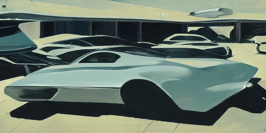 Prompt: art style by Ben Aronson and Edward Hopper and Syd Mead, wide shot view of some random alien planet, on ground level. Full view of a silver car designed by Henrik Fisker, Bruce Kaiserm and Jon Sibal.