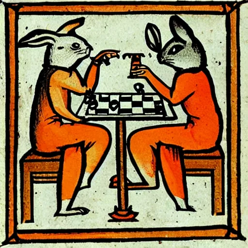 Prompt: medieval book illustration of two rabbits playing chess