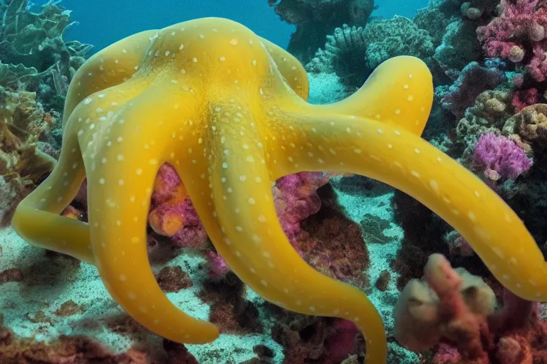 Image similar to underwater realistic hibrid jiraffe octopus, subsurface scattering, hd, 8 k, hdr