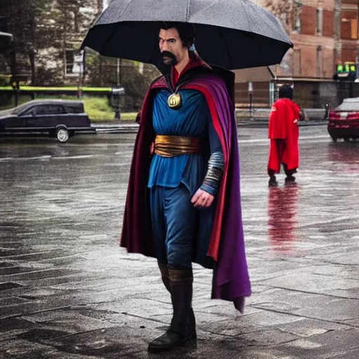 Image similar to doctor strange waiting for the bus during a rainy day, award winning candid photography