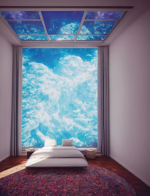 Prompt: an ultra wide angle photo of a bed hovering above the floor in the middle of a giant bedroom with windows opening to other worlds by casey weldon and lee madgewick, photorealistic, octane render, recursive!!!!, flowing, cascading, multiverse!!!!, labyrinthine