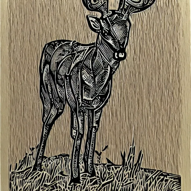 Image similar to linocut of cybernetic deer