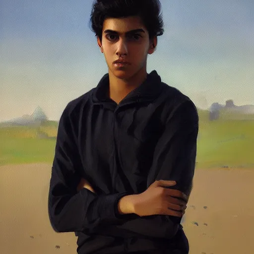 Image similar to oil painting by ilya kuvshinov, baugh casey, rhads, coby whitmore, of a youthful persian - indian college student, male, handsome, curly black hair, outdoors, highly detailed, breathtaking face, studio photography, dawn, intense subsurface scattering, blush, supple look, innocence, intense sunlight