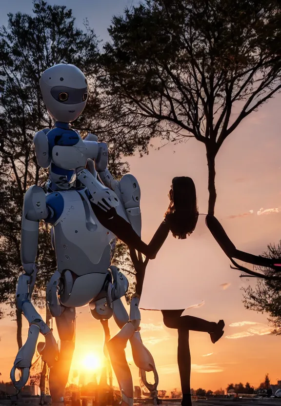 Image similar to a calming photograph of a slender, humanoid robot caresses a beautiful woman in the face, large shot, wide shot, in a street, sunset photo