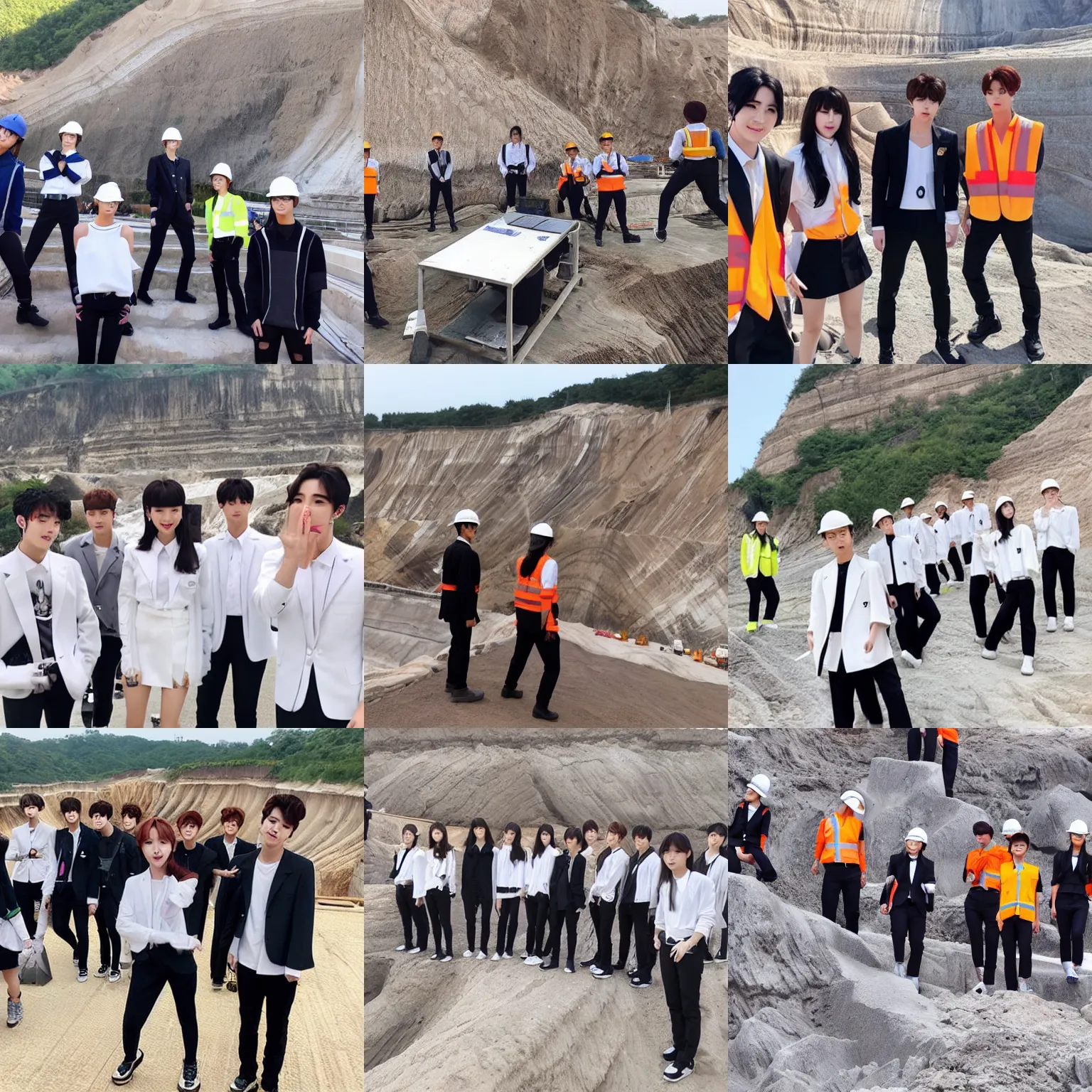 Prompt: k-pop idols in working attire working in a quarry