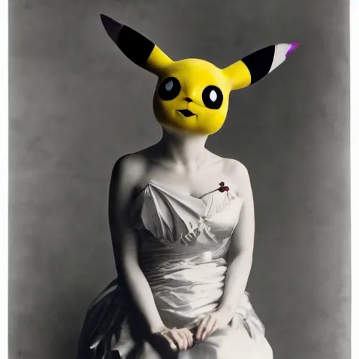 Image similar to elegant woman dressed up as pikachu, art photo by Annie Liebovitz and Alphonse Mucha, glossy, clean, old fashion