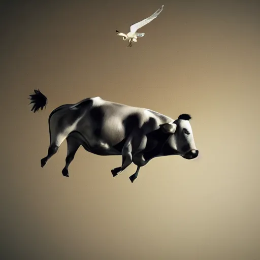 Image similar to a flying cow with wings, photorealistic, 4 k