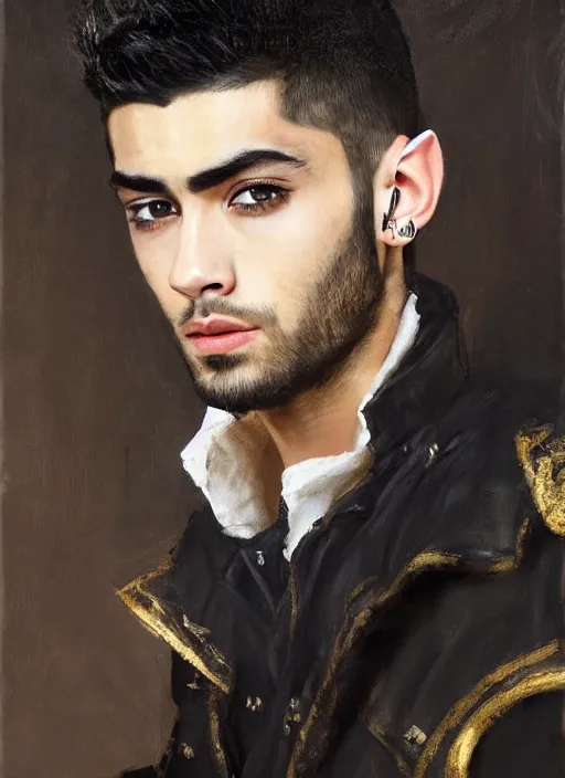 Image similar to portrait painting of zayn malik as an elf by jeremy mann, wearing leather napoleonic military style jacket, only one head single portrait, pointy ears