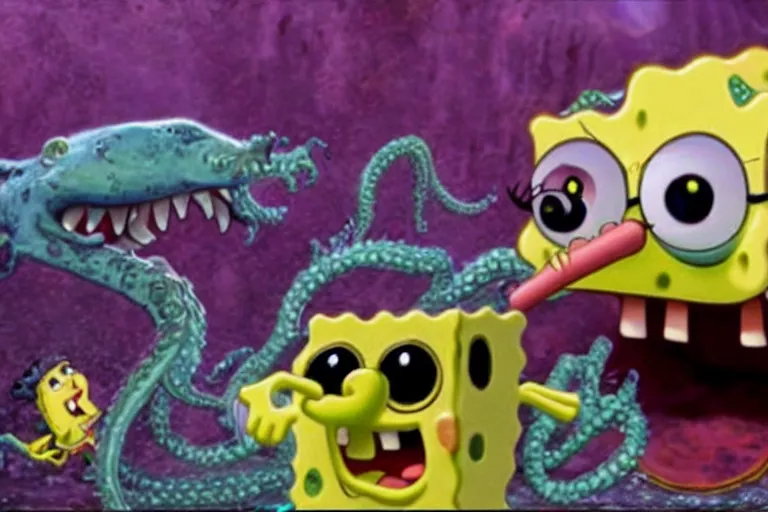 Image similar to Spongebob Cthulhu chimera with fangs eating a fish, photorealistic still from action movie