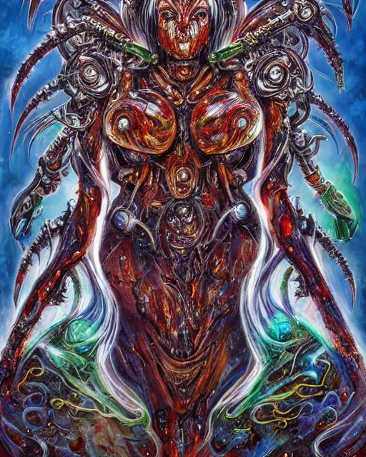 Prompt: silver mechanical charred bloody fleshmetal cyborg daemonhost woman psychedelic flamer of tzeentch with extra arms guns, blue and green rainbow fire, by antonio j. manzanedo, alex grey, android jones, wayne barlowe, philippe druillet, josephine wall, harumi hironaka, cronenburg, trending on artstation