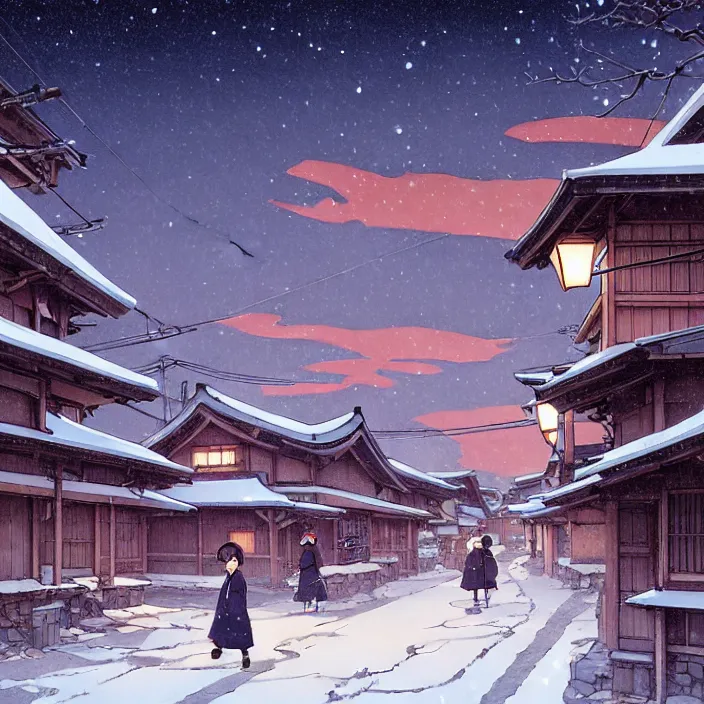 Image similar to empty rural japanese town at night, winter, in the style of studio ghibli, j. c. leyendecker, greg rutkowski, artem