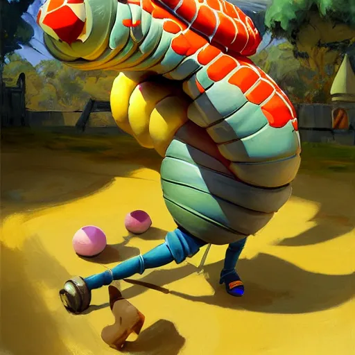 Image similar to greg manchess portrait painting of partially armored caterpillar from alice in wonderland as overwatch character, wacky, medium shot, asymmetrical, profile picture, organic painting, sunny day, matte painting, bold shapes, hard edges, street art, trending on artstation, by huang guangjian and gil elvgren and jesper ejsing