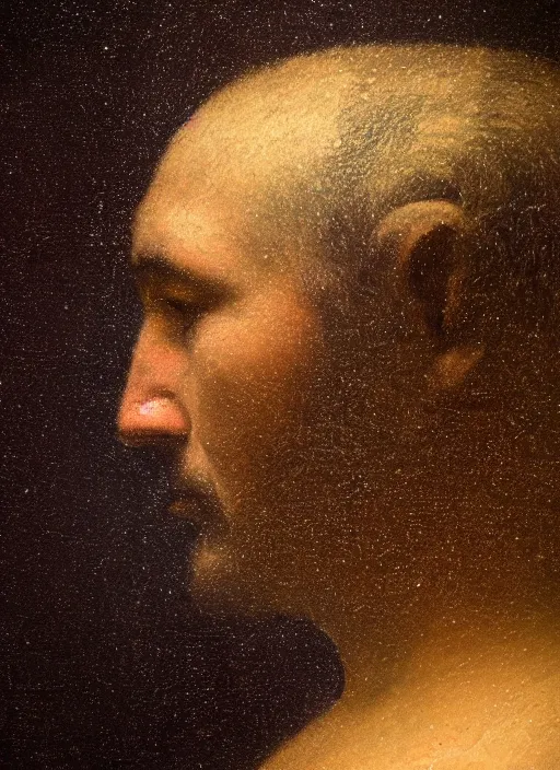 Prompt: a man's face in profile, made of glossy galaxy, in the style of the Dutch masters and Gregory Crewdson, dark and moody