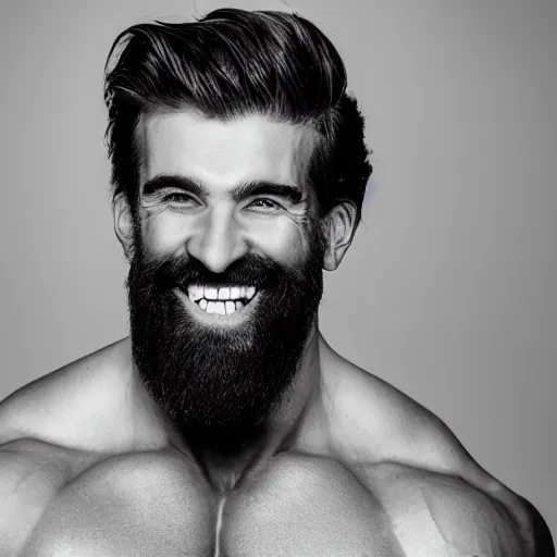 Image similar to lack and white photography of a very muscular man smiling with a chiseled jawline and trimmed beard