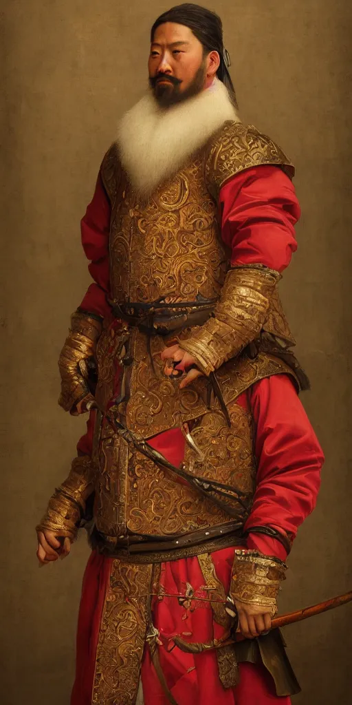 Image similar to Highly detailed and cinematic Renaissance period portrait oil painting Kublai Khan, an oil painting ((masterpiece)) by ((Josep Tapiró Baró)), dynamic lighting, 8K