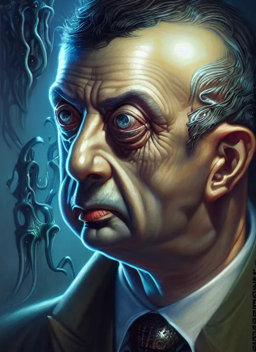 Image similar to lovecraft biopunk portrait of rowan sebastian atkinson by tomasz alen kopera and peter mohrbacher