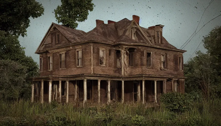 Prompt: old, ruined, abandoned American house, Victorian style, seen from outside and overgrown by plants. First light of day falls upon the building. Scary, horror, ghost story. Dirt, leaves on ground. Octane render. Substance painter. Zbrush. Trending on artstation. 8K. Highly detailed.