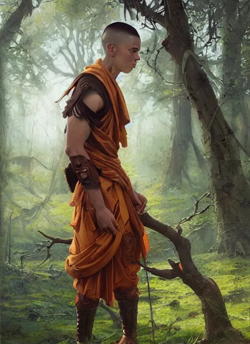 Image similar to a portrait painting of a male monk fighter wearing leather armor on a beautiful lush forest meadow, morning, art by Tristan Eaton, Stanley Artgerm, Tom Bagshaw, Greg Rutkowski, Carne Griffiths