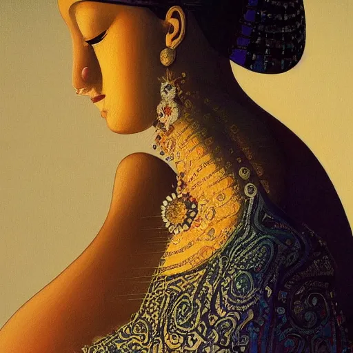 Image similar to “a painting of a beautiful female figure adorned with a dress created by calligraphic flourishes, ambient occlusion, ultra detailed, soft facial features, geometric array of shapes fading into the background, shallow depth of field, bokeh, gradient subtle shadows, monochromatic color scheme, pops of color, pastel tones, hd”