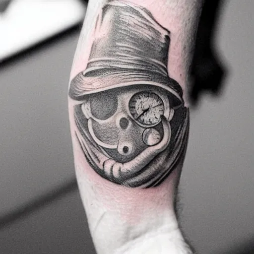 Image similar to photograph of a tatoo showing an etching of a plague doctor side shot looking at a very old pocket watch in the palm of his hand