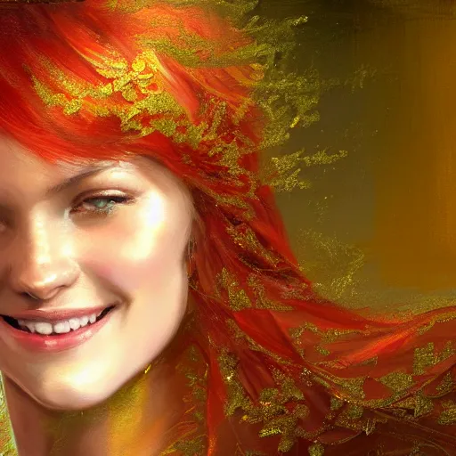 Prompt: Highly detailed painting of a beautiful young woman with red hair, smiling by Craig Mullins, Fabric texture, gold details, gemstone insets, Golden thread, golden details, emeralds, intricate details, intricate patterns 4k, 8k, HDR