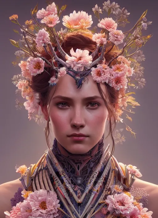 Image similar to symmetry!! portrait of floral! horizon zero dawn machine, intricate, elegant, highly detailed, digital painting, artstation, concept art, smooth, sharp focus, illustration, art by artgerm and greg rutkowski and alphonse mucha, 8 k