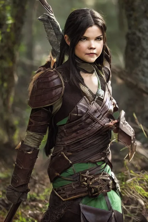 Prompt: fantasy character photo, live action. female ranger. danielle campbell. manic grin, yandere. tall, lanky, athletic, wiry. brown & dark forestgreen leather armor. small tilted lightgreen feathered cap worn at jaunty angle. black hair in ponytail. bright blue eyes. consulting in secret with an unseen, shadowy informant